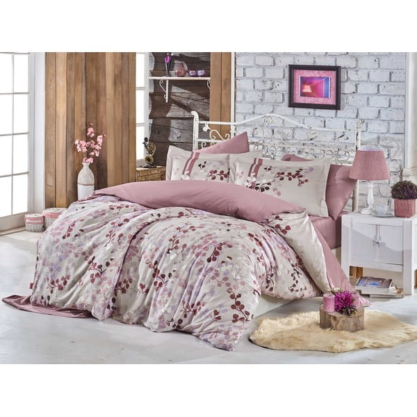 Lenjerie de pat cu cearșaf pentru pat dublu, din bumbac satinat Hobby Irma Brown Beige, 200 x 220 cm