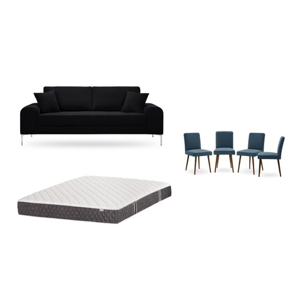 Set canapea neagră cu 3 locuri, 4 scaune albastre, o saltea 160 x 200 cm Home Essentials