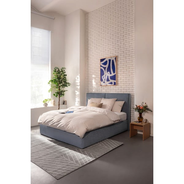 Pat dublu tapițat albastru cu spațiu de depozitare cu saltea / somieră 160x200 cm Thessa Bold - Bonami Selection-image-1