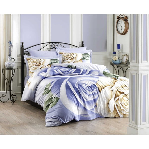 Lenjerie de pat cu cearșaf pentru pat dublu, din bumbac poplin Hobby Rebecca Blue, 200 x 220 cm