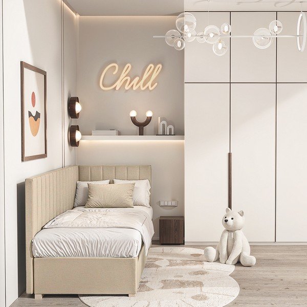 Pat pentru copii  bej pe colț cu spațiu de depozitare cu saltea 90x200 cm Snugi – Ghado-image-1