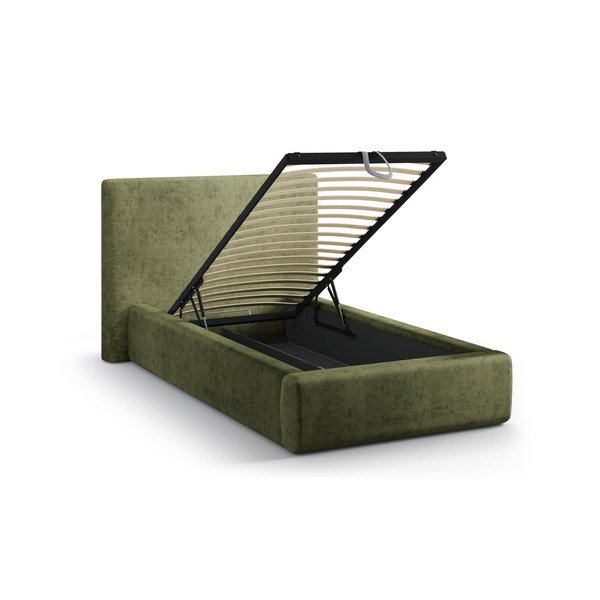 Pat verde tapițat cu spațiu de depozitare cu somieră 90x200 cm Amy – Micadoni -image-1