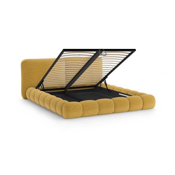 Pat matrimonial galben muștar tapițat cu spațiu de depozitare cu somieră 200x200 cm Solange – Micadoni -image-2