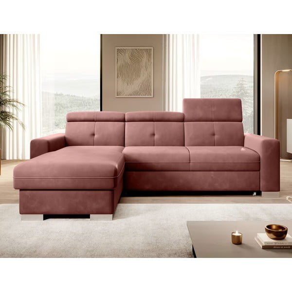 Colțar roz extensibil/cu spațiu de depozitare cu tapițerie din catifea (cu colț pe partea stângă/cu șezlong) Fresia – ELTAP-image-1