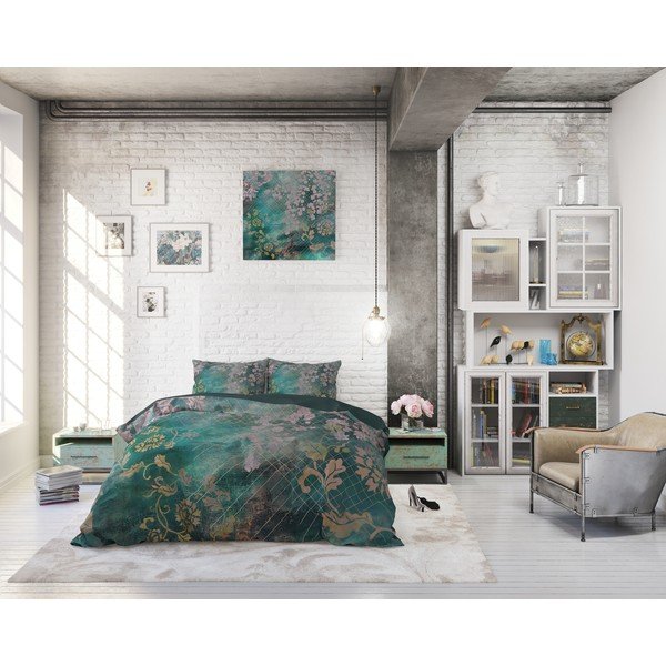 Lenjerie de pat din bumbac, pentru pat de o persoană Pure Cotton Tiran Flower Green, 140 x 200 cm-image-3