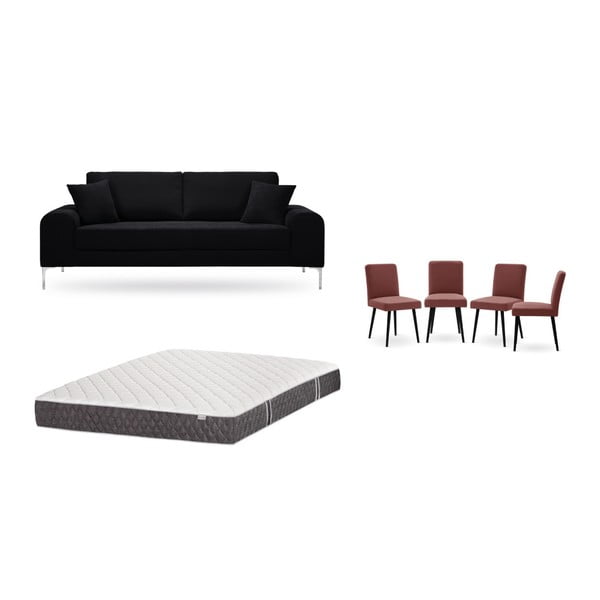 Set canapea neagră cu 3 locuri, 4 scaune roșii, o saltea 160 x 200 cm Home Essentials