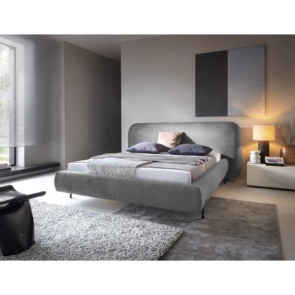 Pat matrimonial gri tapițat cu spațiu de depozitare cu somieră 160x200 cm Pointt – ELTAP-image-1