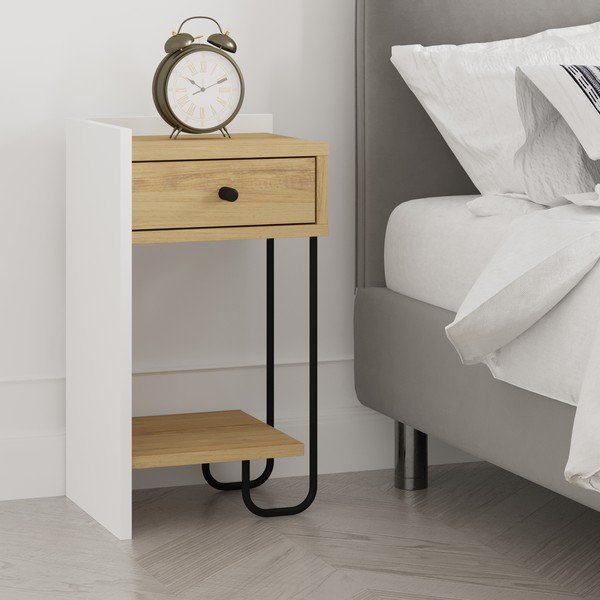 Noptieră albă/în culoare naturală cu rafturi cu aspect de lemn de stejar Mercure – Marckeric-image-4