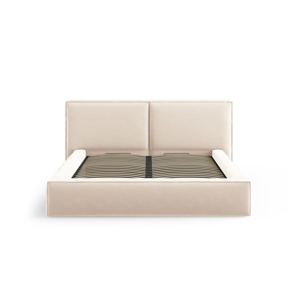 Pat matrimonial crem tapițat din catifea cu spațiu de depozitare cu somieră 180x200 cm Arendal – Cosmopolitan Design-image-3