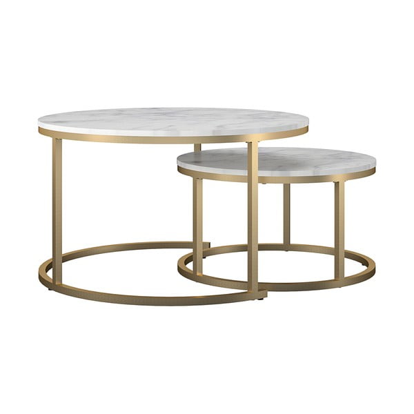 Măsuțe de cafea albe-aurii 2 buc. rotunde cu aspect de marmură ø 79 cm Amelia – CosmoLiving by Cosmopolitan-image-1