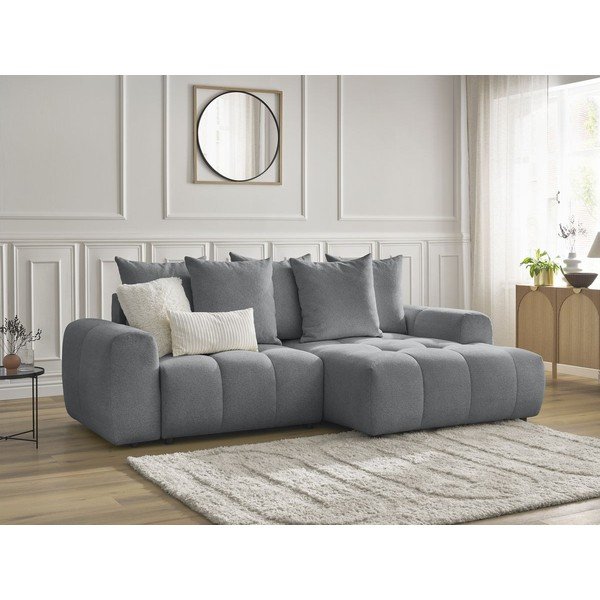 Colțar gri extensibil/cu spațiu de depozitare cu tapițerie din chenille (cu colț pe partea dreaptă/cu șezlong) Roxelane – Bobochic Paris-image-4