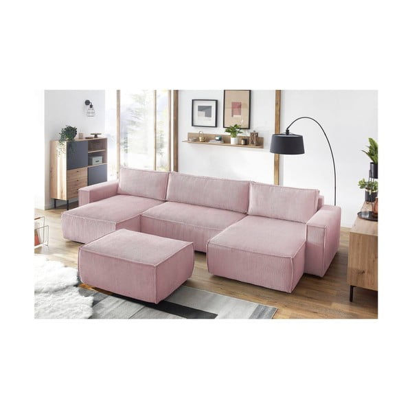 Taburet roz deschis cu tapițerie din catifea reiată Nihad – Bobochic Paris-image-1