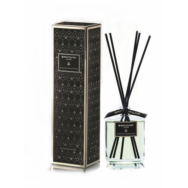 Difuzor de aromă cu parfum de vetiver și lemn de santal Bahoma London Black, 100 ml