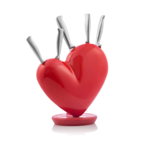Set 5 cuțite din inox și suport InnovaGoods Heart, roșu