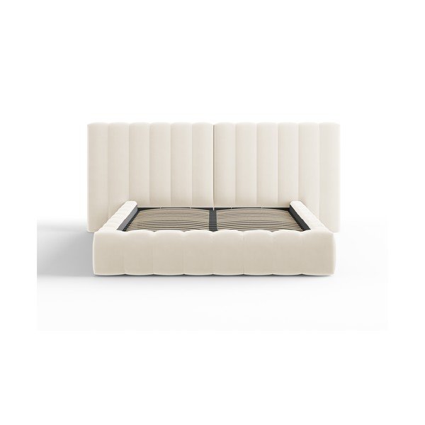 Pat matrimonial bej tapițat cu spațiu de depozitare și somieră  160x200 cm Gina – Milo Casa-image-1