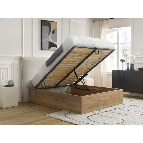 Pat matrimonial crem tapițat/din  placă aglomerată de lemn tapițat cu spațiu de depozitare cu somieră 160x200 cm Charlie – Bobochic Paris-image-1