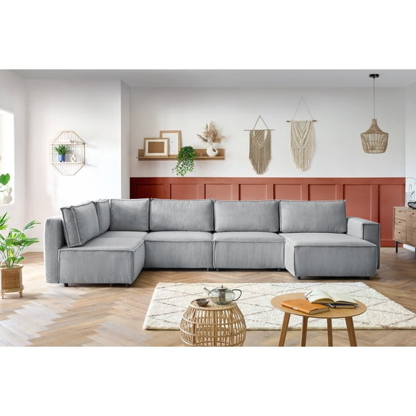 Colțar gri deschis cu tapițerie din catifea reiată  (cu colț pe partea stângă /în formă de "U") Nihad modular – Bobochic Paris-image-1