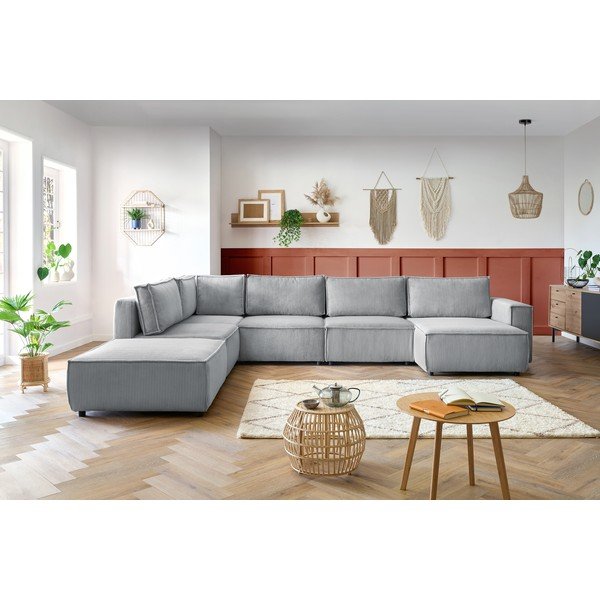 Colțar gri deschis cu tapițerie din catifea reiată  (cu colț pe partea stângă /în formă de "U") Nihad modular – Bobochic Paris-image-1