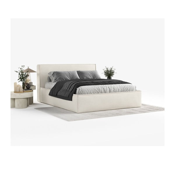 Pat matrimonial bej tapițat cu spațiu de depozitare cu somieră 200x200 cm Lounge L – Maison de Rêve-image-1