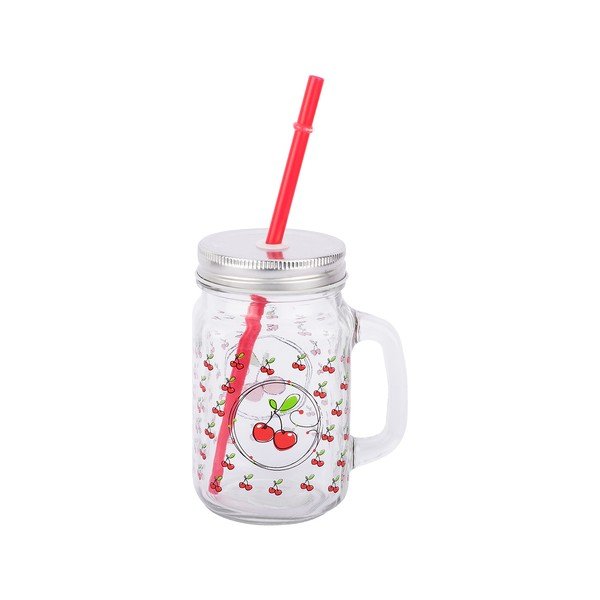 Cană din sticlă cu pai Tantitoni Cherry, 475 ml