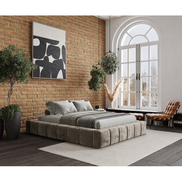 Pat matrimonial bej tapițat cu spațiu de depozitare cu somieră 160x200 cm Aruba L – Maison de Rêve-image-1