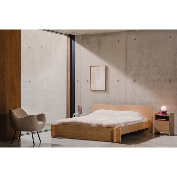 Pat matrimonial în culoare naturală din  placă aglomerată de lemn/din  placaj cu aspect de lemn de stejar cu somieră 160x200 cm Valt – noo.ma-image-1