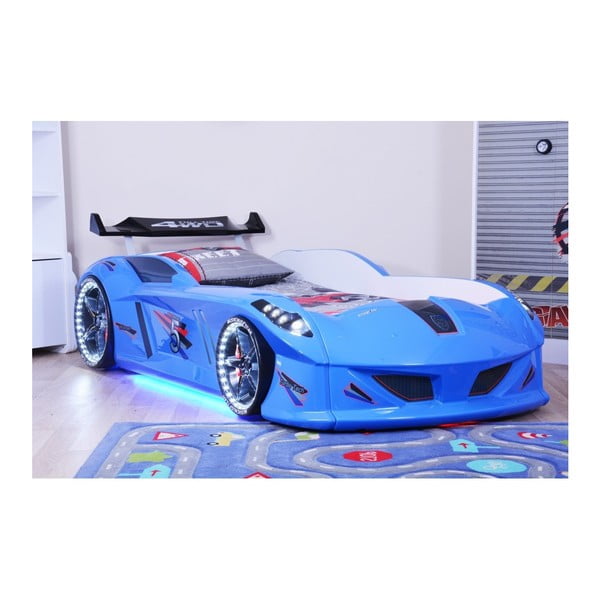 Pat în formă de automobil cu lumini LED pentru copii Speedy, 90 x 190 cm, albastru