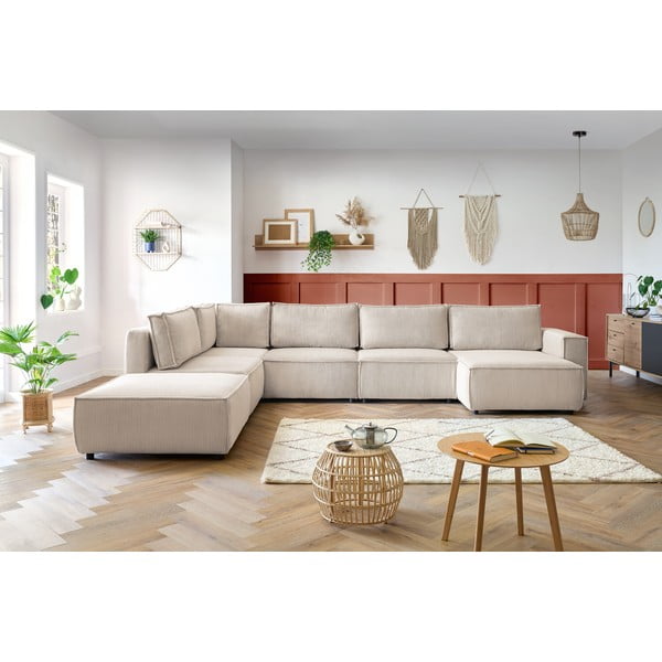 Colțar crem cu tapițerie din catifea reiată  (cu colț pe partea stângă /în formă de "U") Nihad modular – Bobochic Paris-image-1