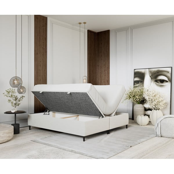 Pat matrimonial crem tapițat cu spațiu de depozitare 200x200 cm Tate – Maison de Rêve-image-2