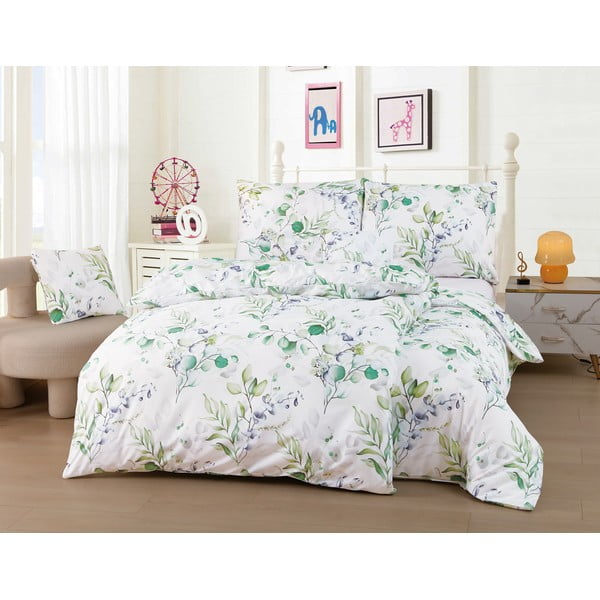 Lenjerie de pat albă/verde din microsatin pentru pat de o persoană cu 6 piese 140x200 cm Abigail – My House