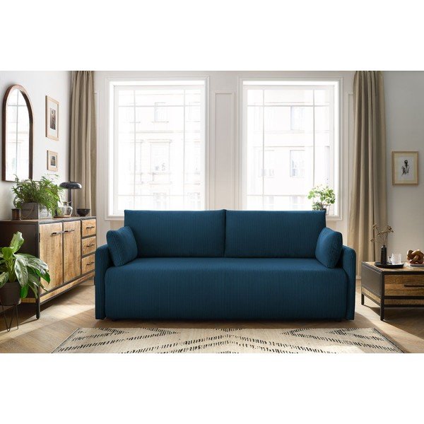 Canapea albastru-închis extensibilă cu tapițerie din catifea reiată  211 cm Marcel – Bobochic Paris-image-1