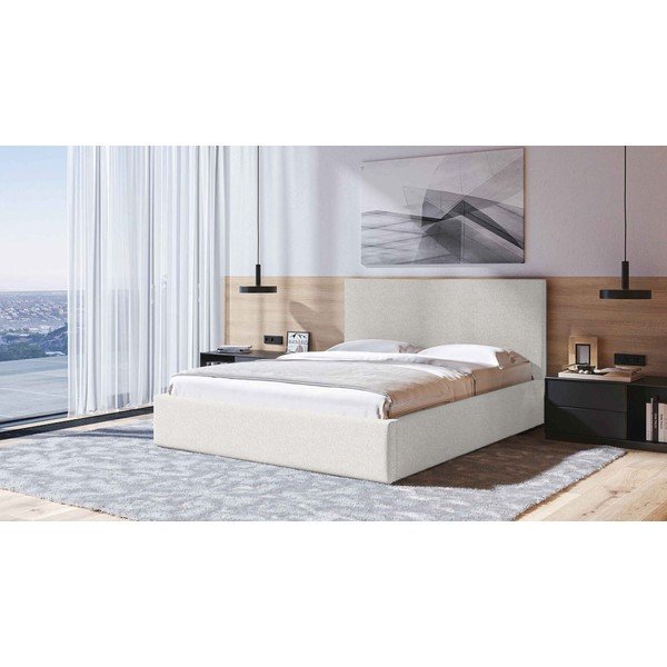 Pat matrimonial bej tapițat cu spațiu de depozitare cu somieră 140x200 cm Bufo – MESONICA-image-1