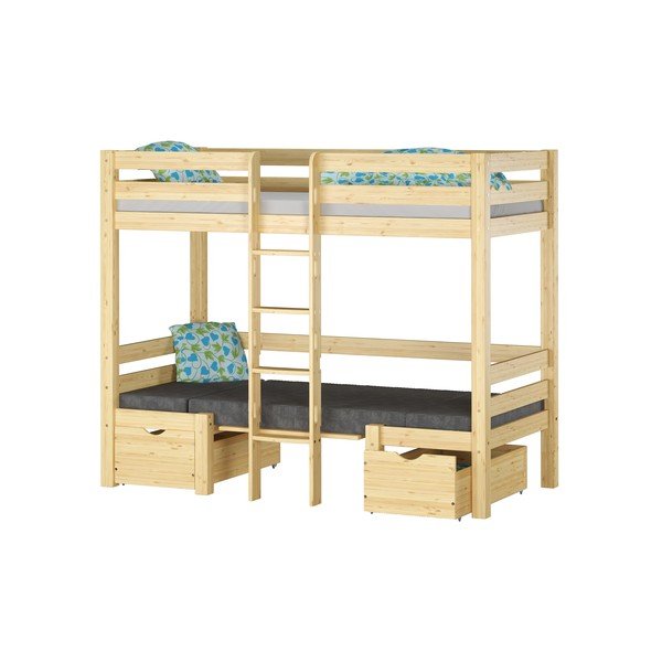 Pat pentru copii  în culoare naturală supraetajat din lemn de pin cu spațiu de depozitare 90x200 cm Elen – Olivia Living