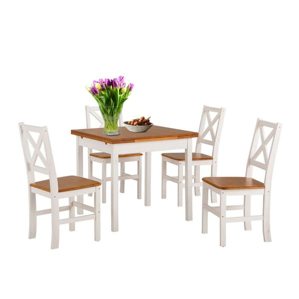 Set masă dining și 4 scaune din lemn masiv Støraa Marlon, alb