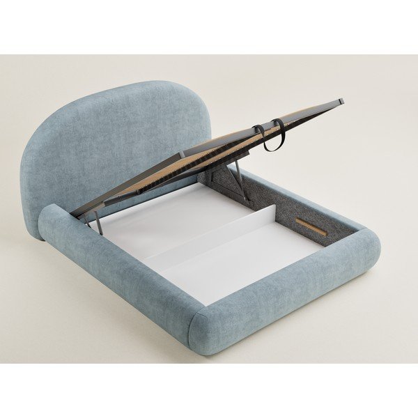 Pat matrimonial albastru deschis tapițat cu spațiu de depozitare cu somieră 180x200 cm Maumere – Maison de Rêve-image-2