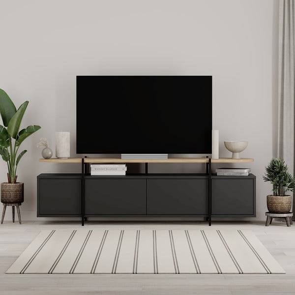 Masă TV neagră cu aspect de lemn de stejar 160x48 cm Hinoa – Marckeric-image-1