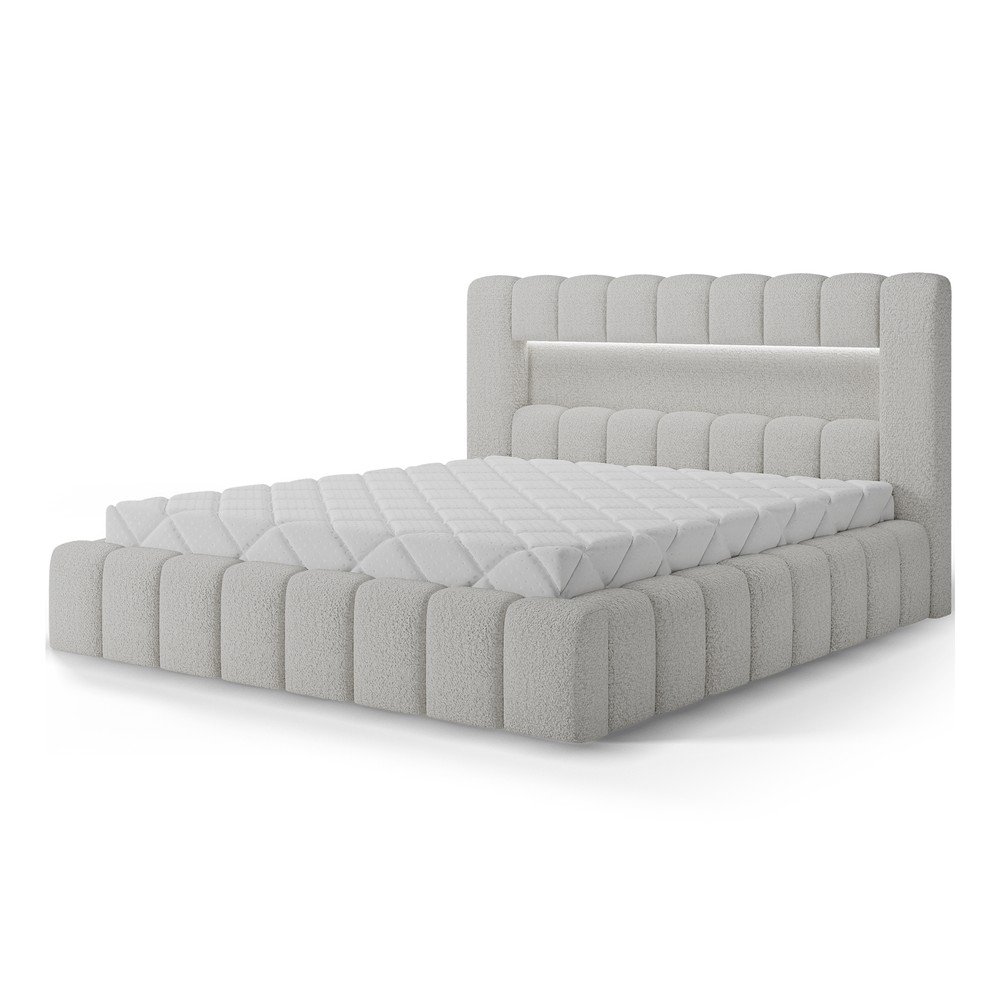 Pat matrimonial crem tapițat cu spațiu de depozitare cu somieră 160x200 cm Lamica – ELTAP