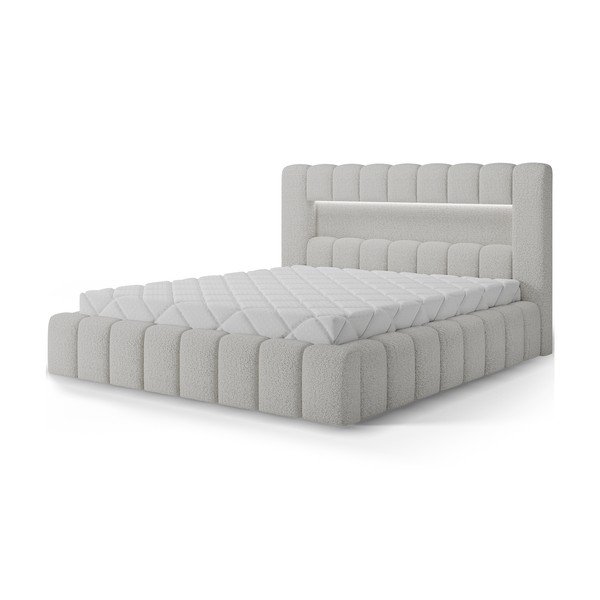 Pat matrimonial crem tapițat cu spațiu de depozitare cu somieră 160x200 cm Lamica – ELTAP