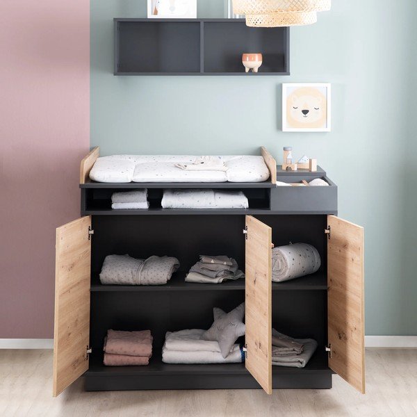 Comodă de copii gri antracit/în culoare naturală joasă cu aspect de lemn de stejar cu masă de schimbat 118x103 cm Lenn – Roba-image-1