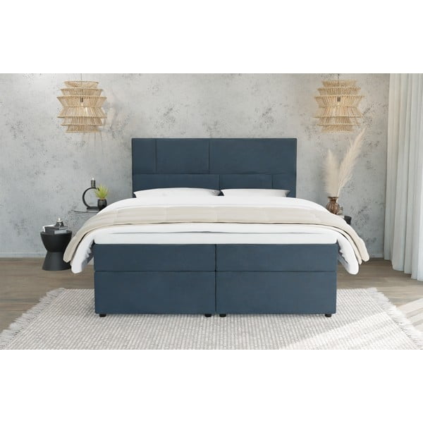 Pat boxspring albastru închis cu spațiu de depozitare 180x200 cm Lola – Ropez-image-2