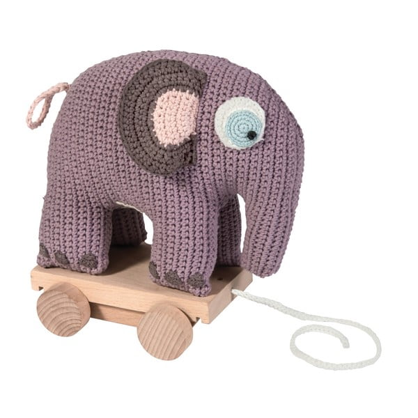 Jucărie croșetată cu suport și roți din lemn Sebra Crochet Elephant On Wheels