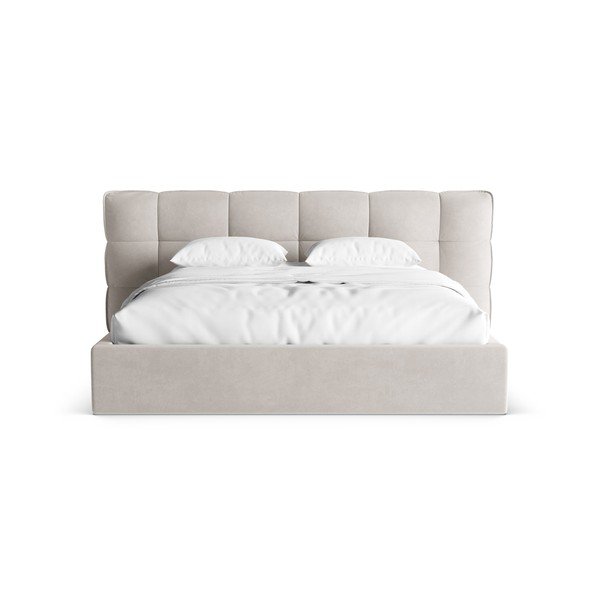 Pat matrimonial bej tapițat cu spațiu de depozitare cu somieră 180x200 cm Eric – Micadoni -image-4