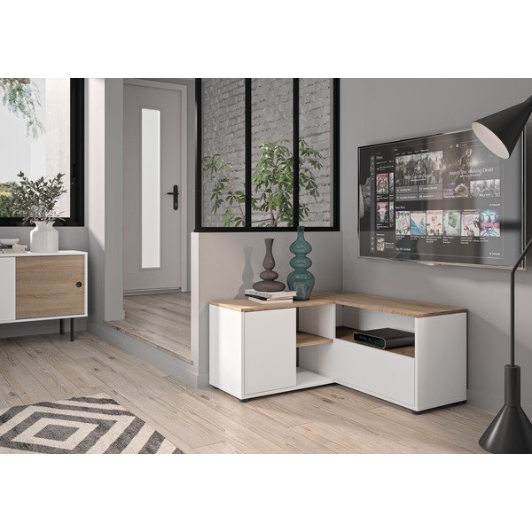 Comodă TV alb-natural  cu aspect de lemn de stejar 90x45 cm Angle – TemaHome-image-1