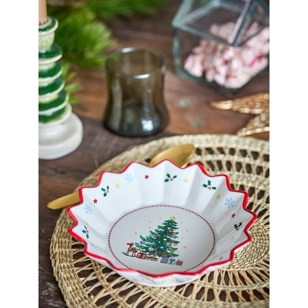 Farfurie roșie-crem pentru servire, din ceramică ø 20 cm  cu model de Crăciun Naive – Bloomingville-image-1