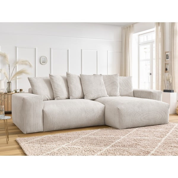 Colțar crem extensibil/cu spațiu de depozitare cu tapițerie din catifea reiată Voltaire – Bobochic Paris-image-1