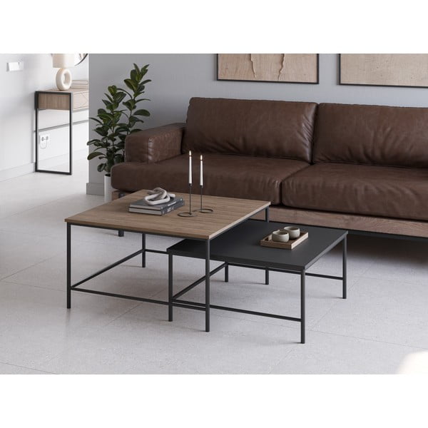Măsuțe de cafea negru/natural 2 buc. cu blat cu aspect de lemn de stejar 80x80 cm Fiorenza – Marckeric-image-1