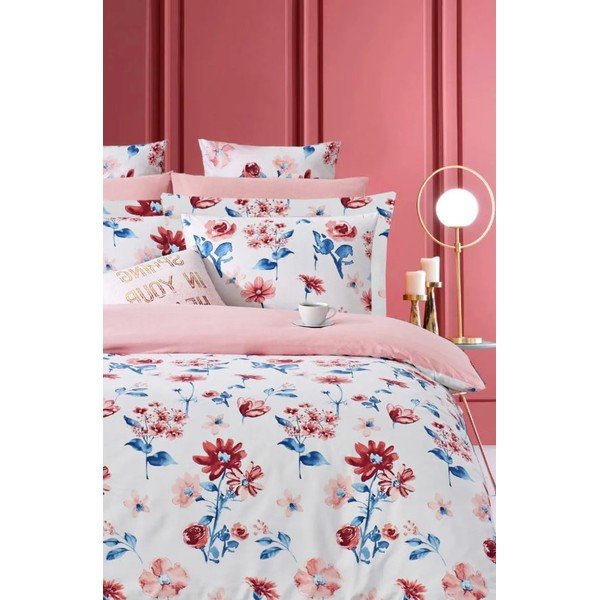 Lenjerie de pat albă/roz din bumbac ranforcé pentru pat dublu/extinsă cu cearceaf inclus/cu 4 piese 200x220 cm – Mila Home-image-1