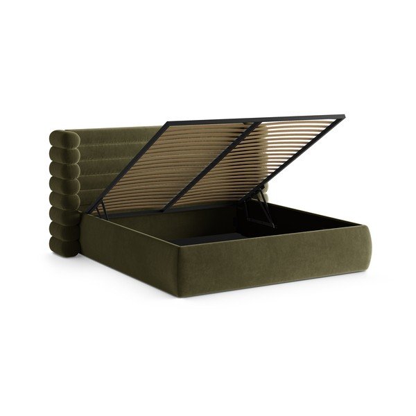 Pat matrimonial verde tapițat cu spațiu de depozitare cu somieră 180x200 cm Mount – Micadoni -image-2