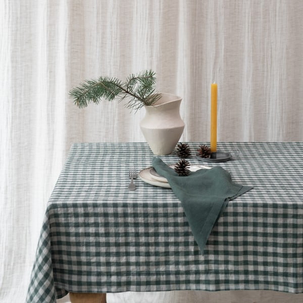 Față de masă din in 140x250 cm Forest Green Gingham – Linen Tales-image-2