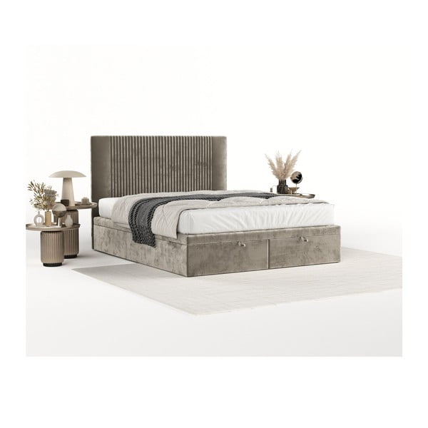 Pat matrimonial bej tapițat cu spațiu de depozitare 200x200 cm Mavel – Maison de Rêve-image-2